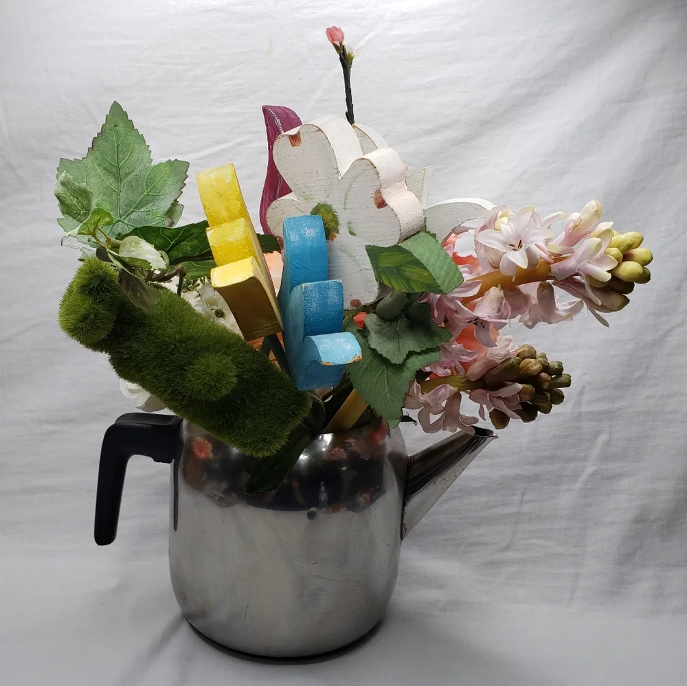 Vintage Upcycled Silver Kettle Floral Arrangement Whimsical Cottage